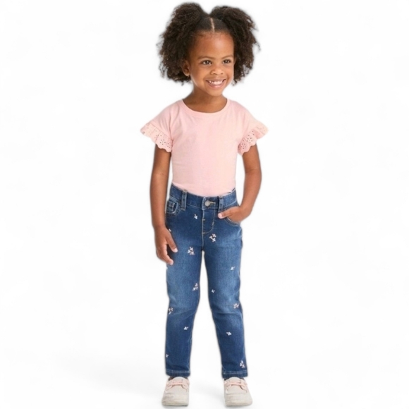 Cat & Jack Girl's Floral Embroidered Dark Blue Skinny Stretchy Toddler Jeans, 2T - Picture 5 of 7